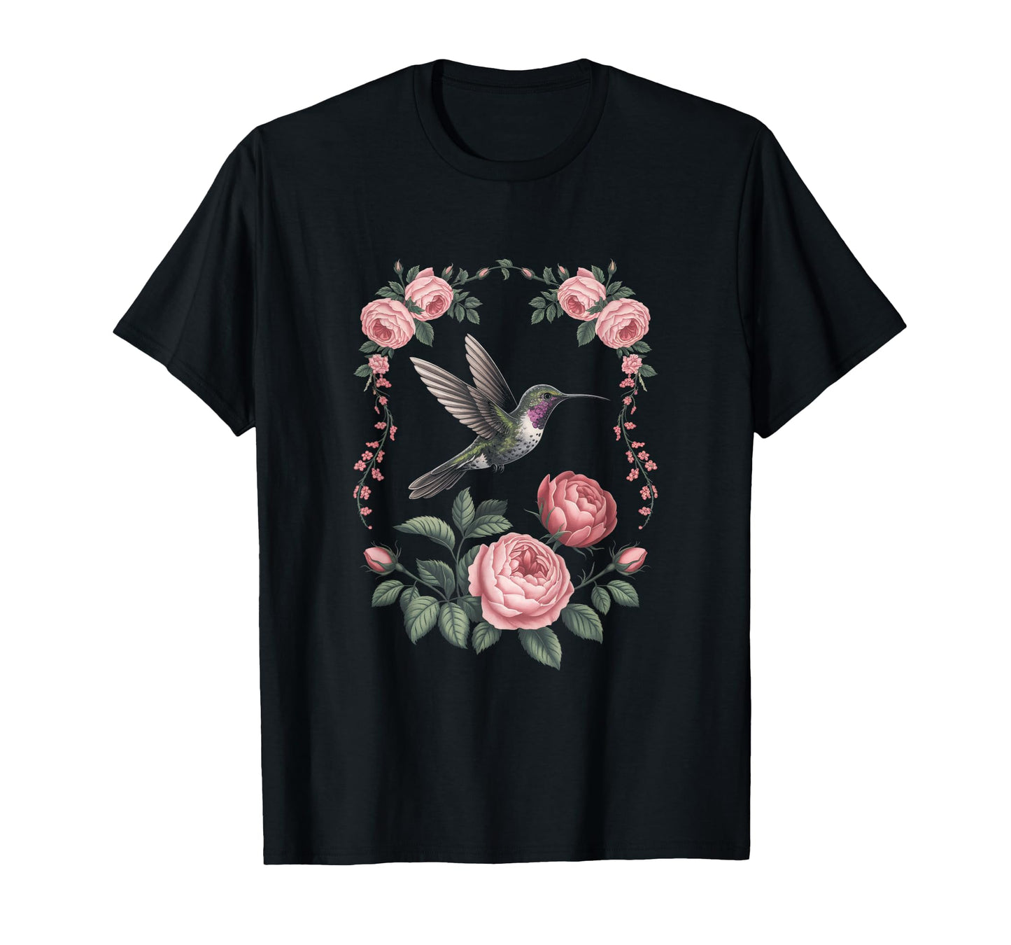 Hummingbird Vintage Flower Antique Rose Floral T-Shirt