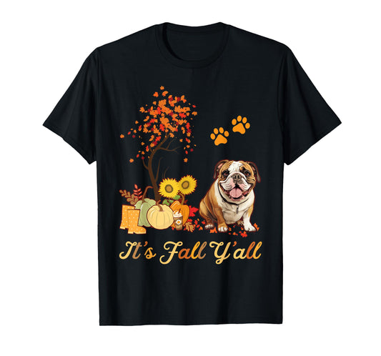 English Bulldog Fall Leaves Autumn Maple Tree Thanksgiving T-Shirt