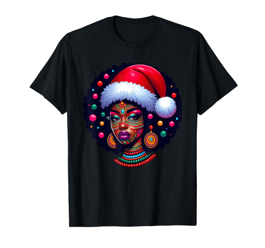Cute Christmas Santa Pajama African American Afro Black Girl T-Shirt