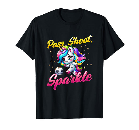 Pass Shoot Sparkle Soccer Player Unicorn Women Girls T-Shirt