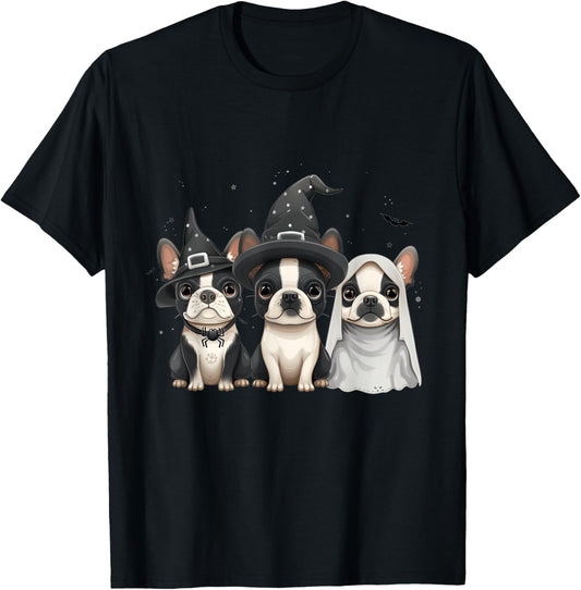 Cute Halloween Boston Terrier Dogs Witch Hat Ghost Dog T-Shirt