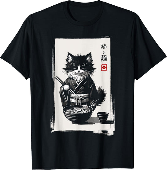 Unisex Kids Anime Cat Ramen T-Shirt, Black, Small, Short Sleeve, T-Shirt, Modern, Retro, Unique Design, Lightweight, Durable