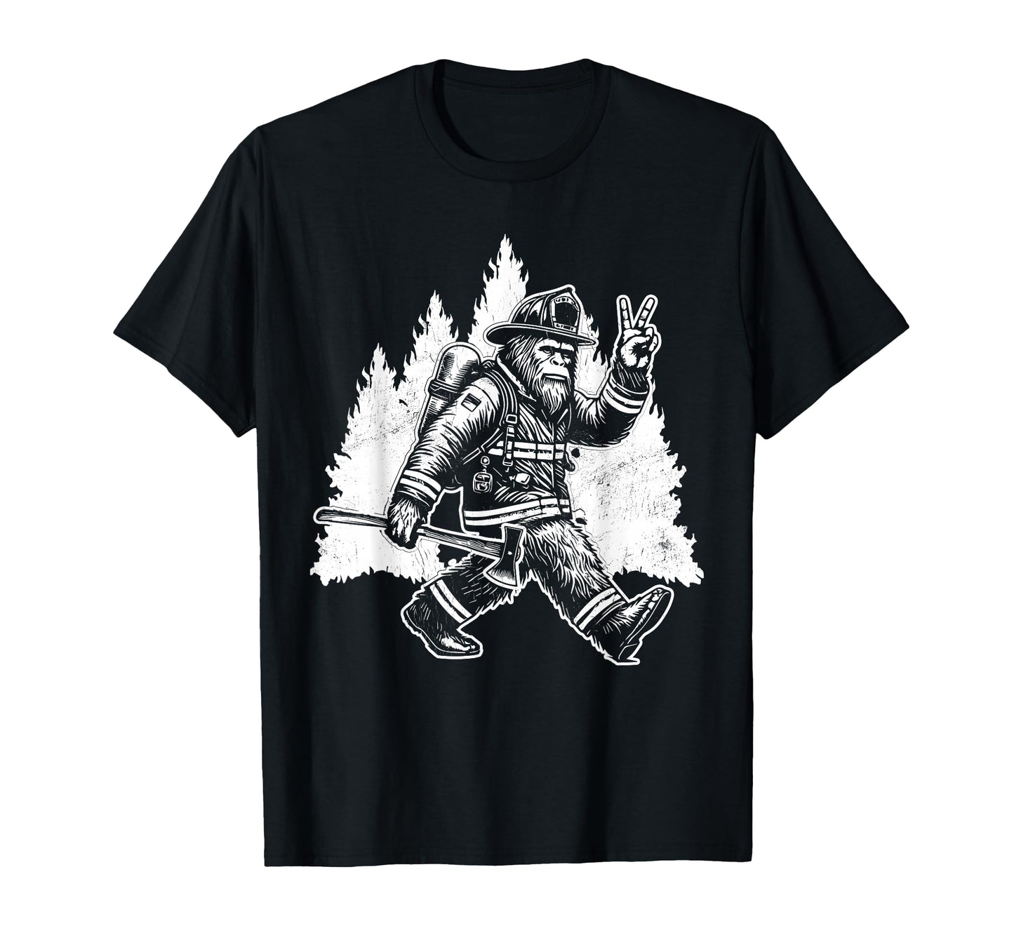 Funny Bigfoot Firefighter Sasquatch Design Men's Retro Bigfoot Firefighter Sasquatch Fireman T-Shirt - Black, Small, Short Sleeve