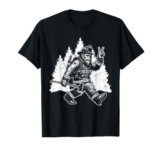 Funny Bigfoot Firefighter Sasquatch Design Men's Retro Bigfoot Firefighter Sasquatch Fireman T-Shirt - Black, Small, Short Sleeve