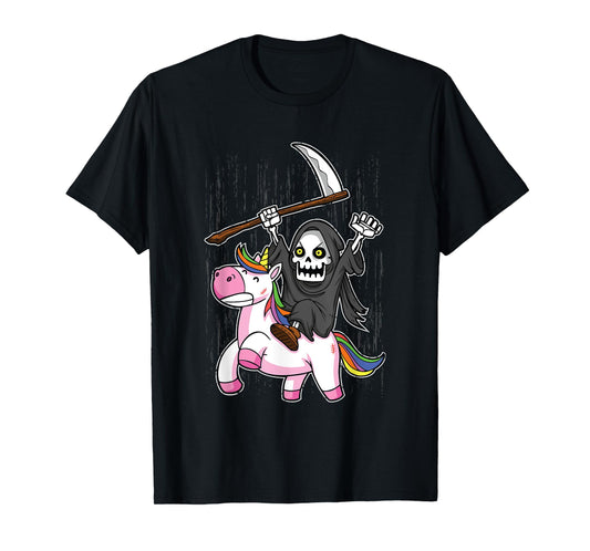 Death Metal Rock Music Halloween Grim Reaper Riding Unicorn T-Shirt
