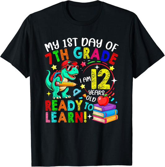 1st Day Of 7th Grade 12 Years Old Cute T-rex Back To School T-Shirt