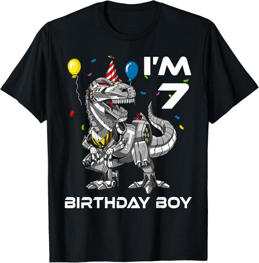 T-Rex Dinosaur Robot Birthday Boy 7 Year Old Kid Party T-Shirt