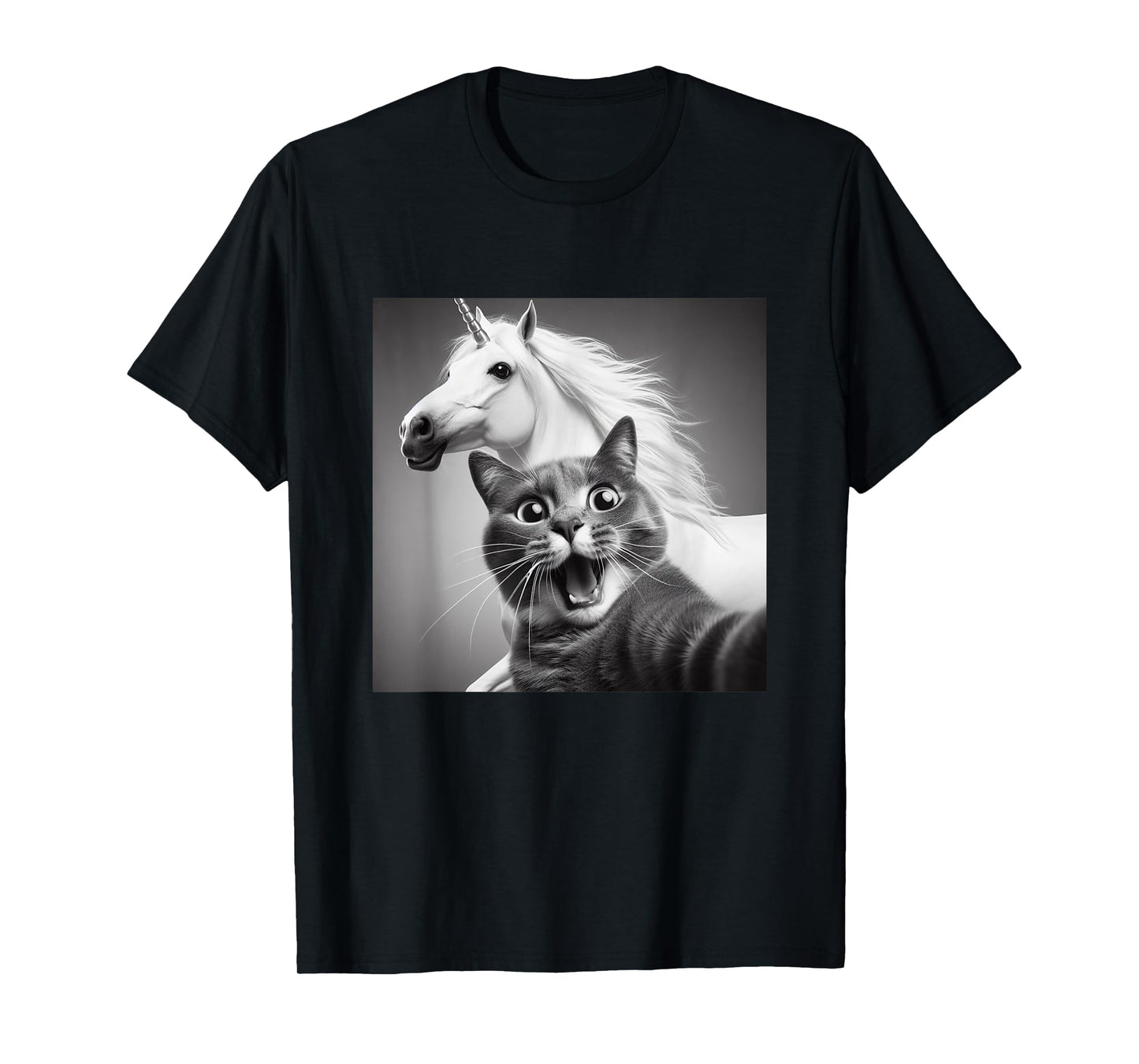 Funny Surprised And Scared Cat Taking Selfie With Unicorn T-Shirt for Men Women Girls Kids