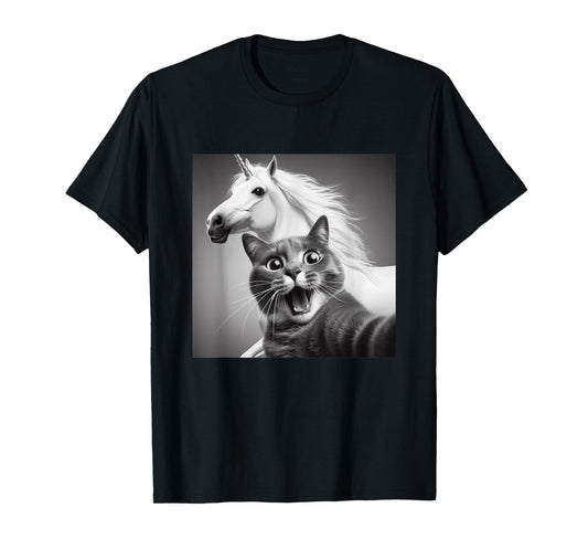 Funny Surprised And Scared Cat Taking Selfie With Unicorn T-Shirt for Men Women Girls Kids