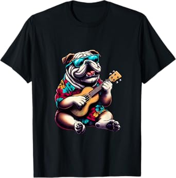 Bulldog Wearing a Hawaiian Shirt, Playing a Ukulele T-Shirt for Men Women Kids