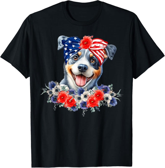 Blue Heeler Dog Bandana American Flag 4th Of July T-Shirt