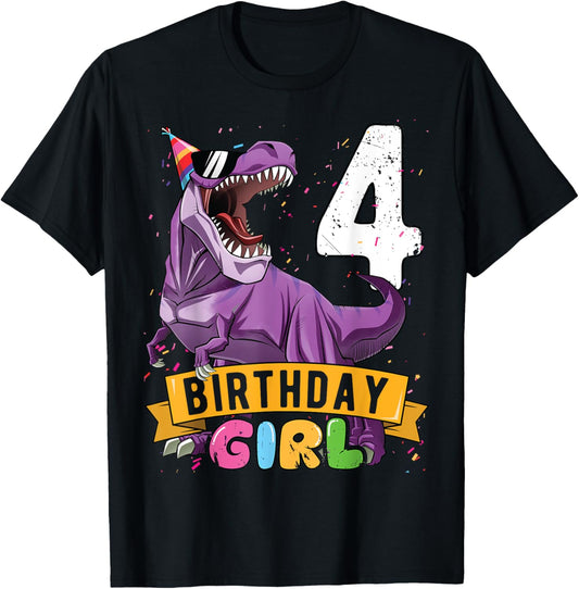4th Birthday Shirt Birthday Girl T Rex Kids Girls 4 Year Old T-Shirt