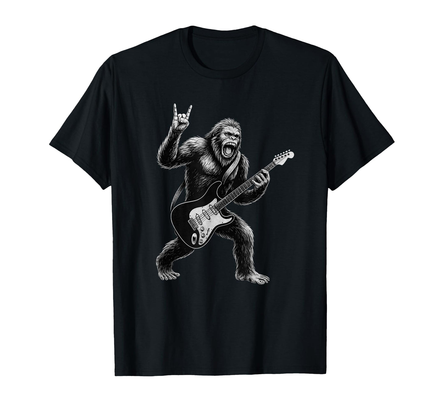 Funny Bigfoot Sasquatch Playing Guitar, Rock and Roll Music T-Shirt