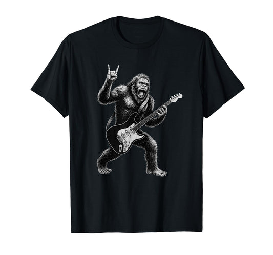 Funny Bigfoot Sasquatch Playing Guitar, Rock and Roll Music T-Shirt