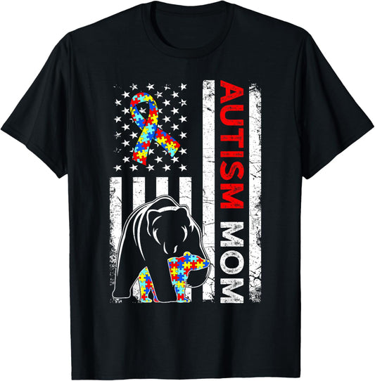Distressed American Flag Autism Mom Bear Awareness T-Shirt