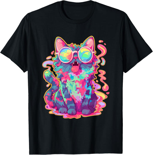 Trippy Crazy Psychedelic Cat Art EDM Rave T-Shirt