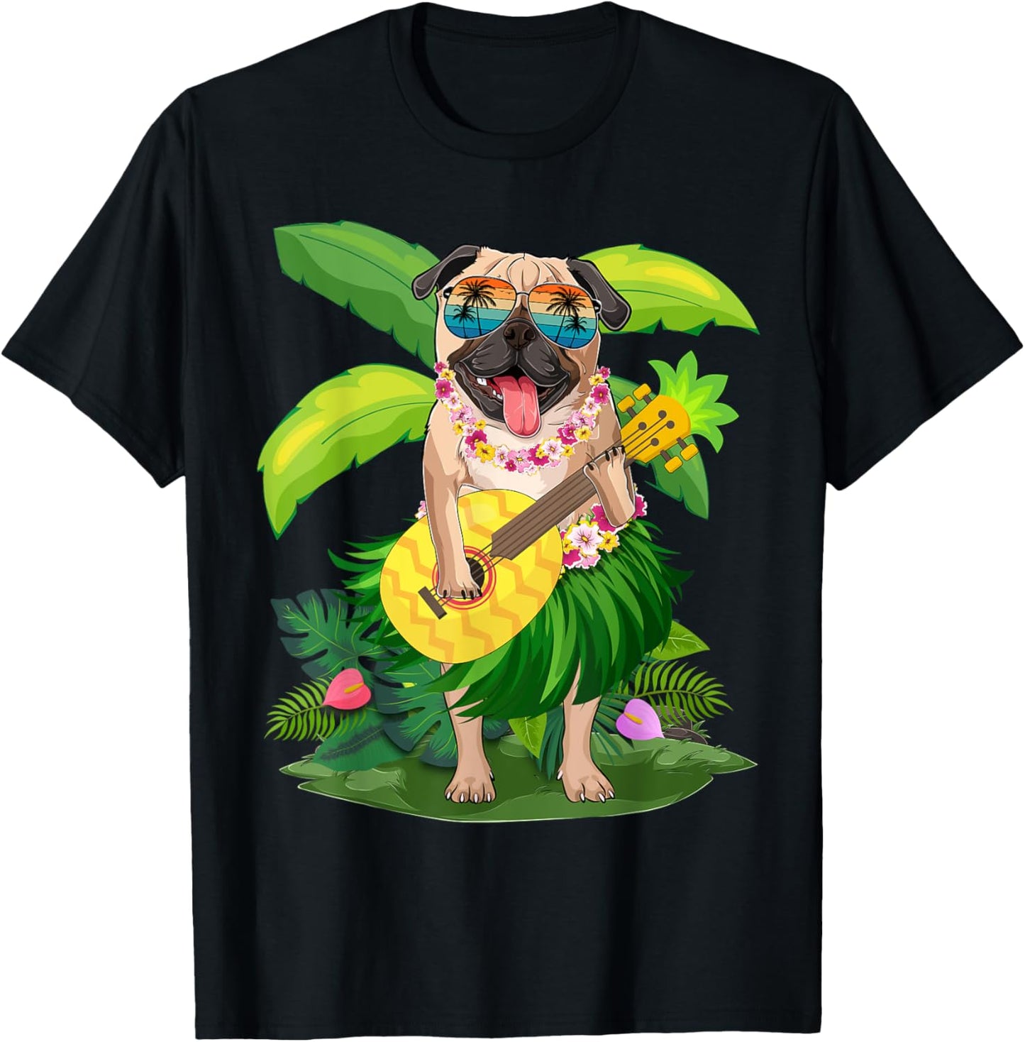 Hawaiian Pug Dog & Pineapple Ukulele Summer Vacation T-Shirt