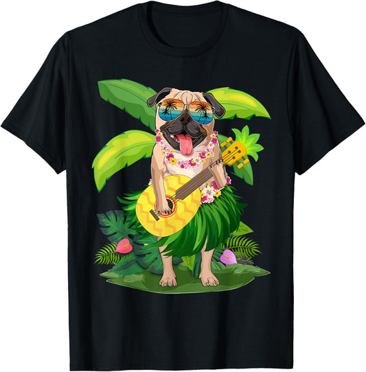 Hawaiian Pug Dog & Pineapple Ukulele Summer Vacation T-Shirt