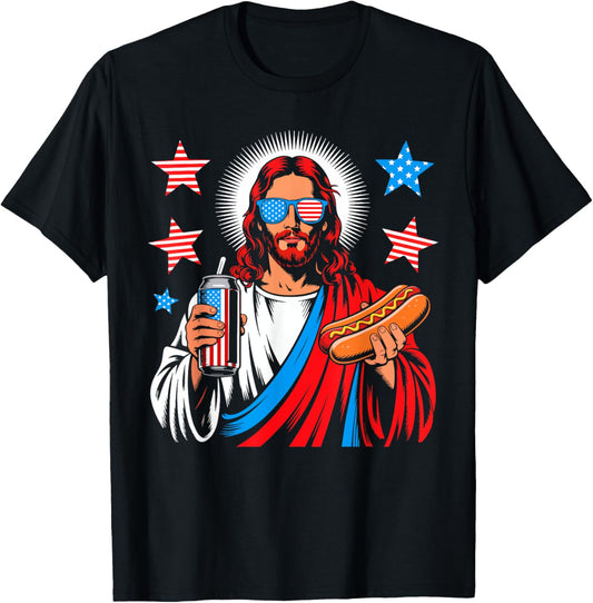 Funny Jesus Christian Patriotic American Hotdog 4th Of July T-Shirt