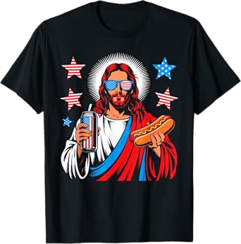Funny Jesus Christian Patriotic American Hotdog 4th Of July T-Shirt for Men Women