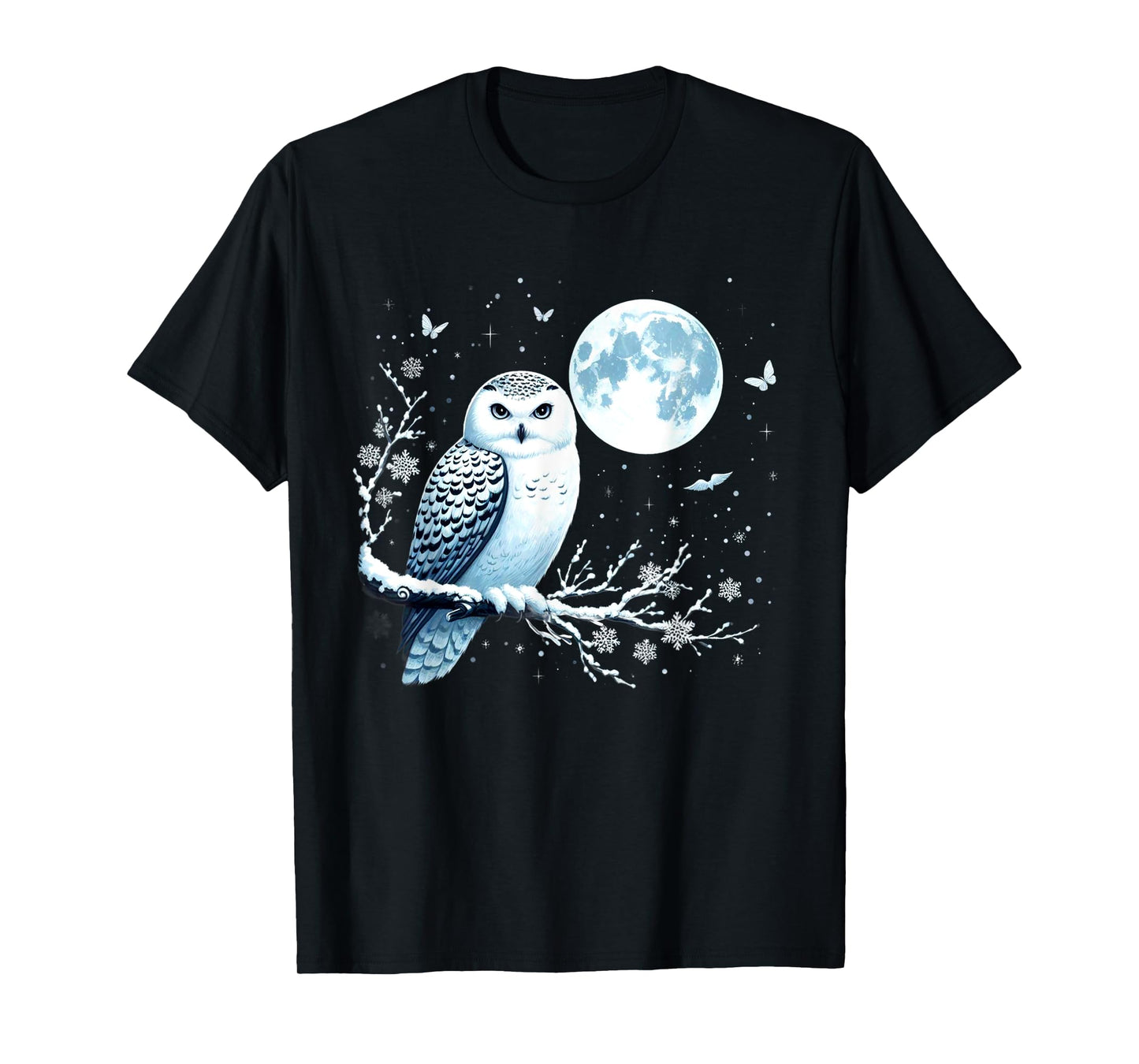 Snowy Owl Moon Snow Falling Snowy Owl Bird Lovers Art T-Shirt
