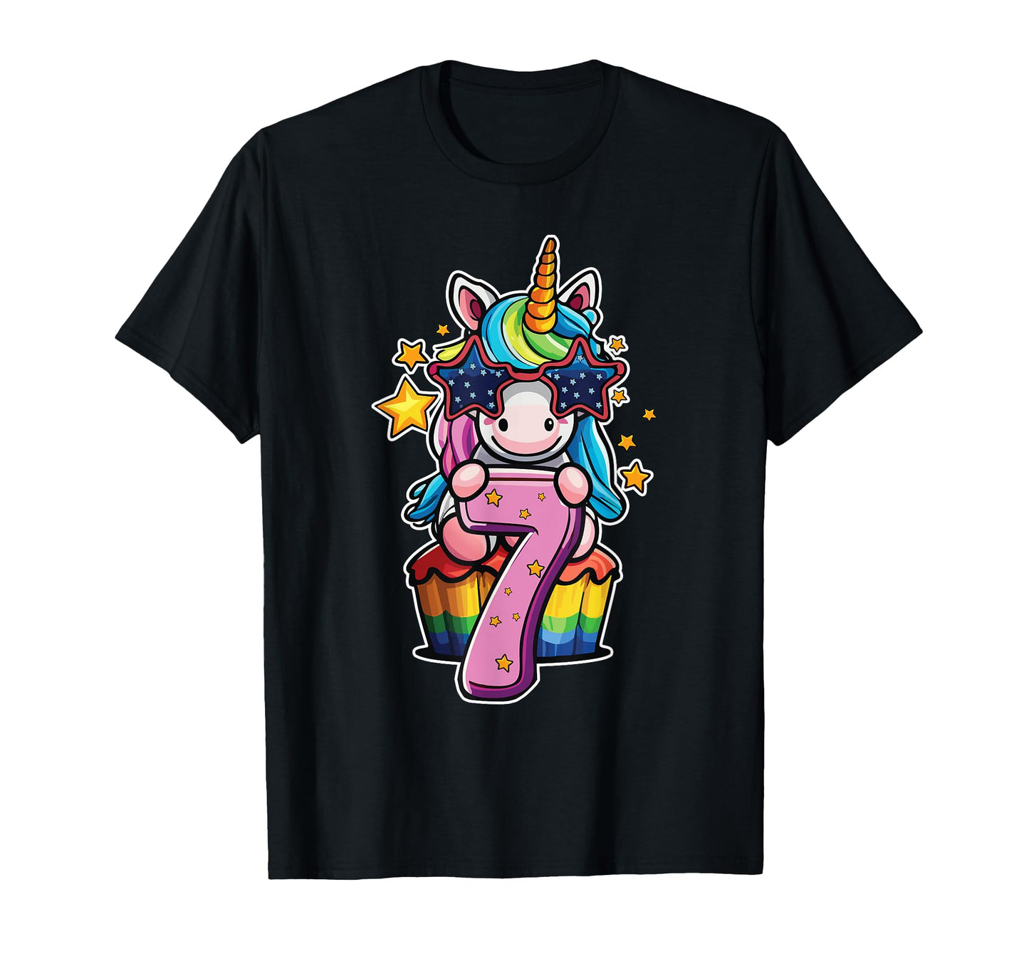 Unicorn Happy 7th Birthday Age 7 Rainbow Cupcake Cute Party T-Shirt