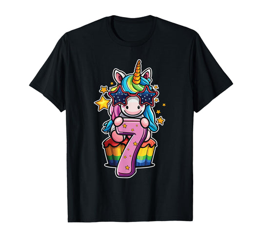 Unicorn Happy 7th Birthday Age 7 Rainbow Cupcake Cute Party T-Shirt
