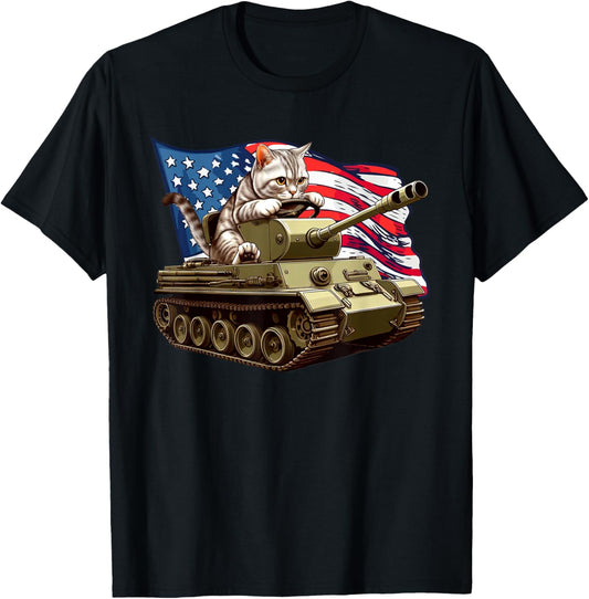 Cat Driving Army Tank American Flag Military Cat Lovers T-Shirt