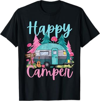 Funny Happy Camper Camping Apparel Trailer RV Kids Women T-Shirt