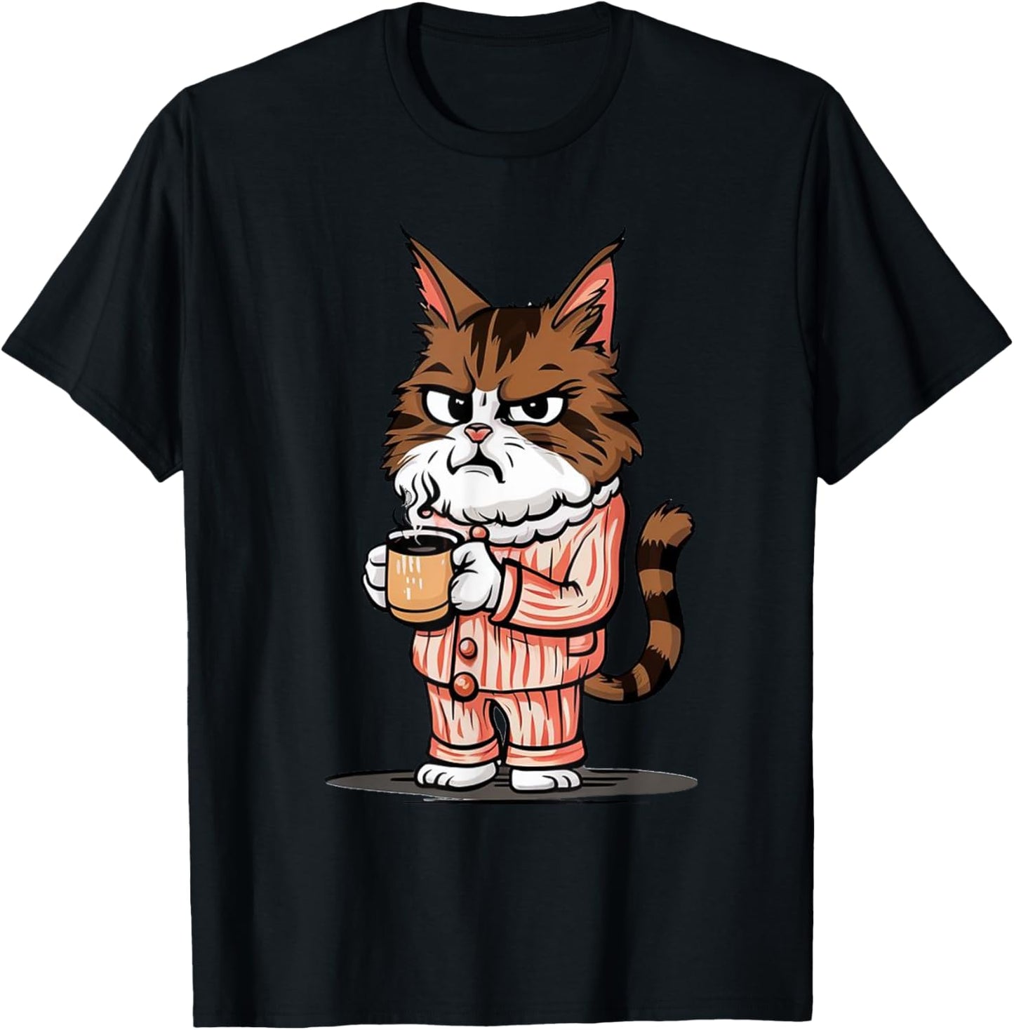 Angry cat in pajamas with coffee cup in the morning T-Shirt