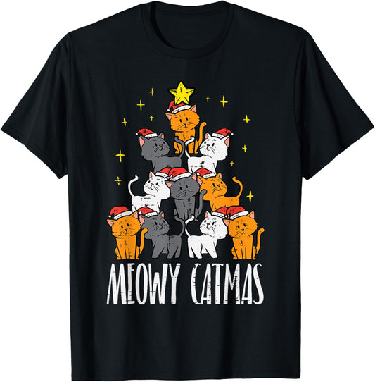 Meowy Catmas Cat Christmas Tree Xmas Pajamas PJs Women Girls T-Shirt