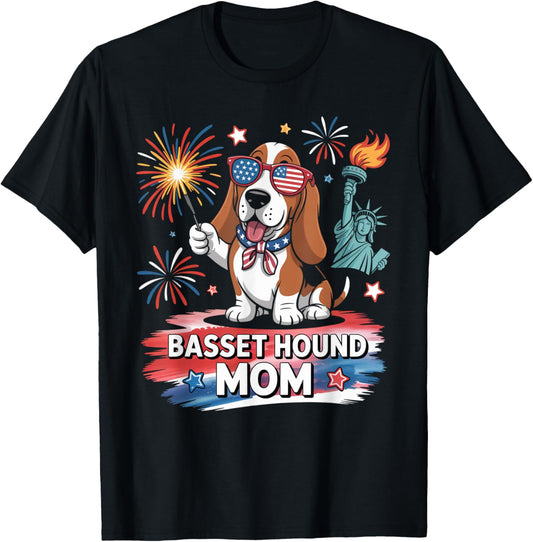 Basset Hound Dog Mom American Flag Patriotic 4th Of July T-Shirt
