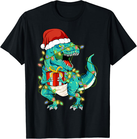 Dinosaur Santa for Boys Girls Christmas Tree Lights T-Shirt