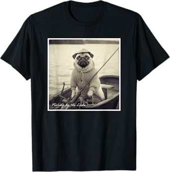 Funny Pug Fisherman on Boat Vintage Graphic T-Shirt
