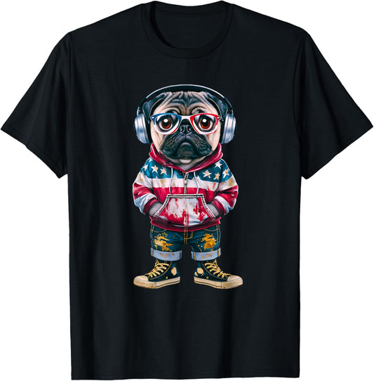 Patriotic Pug Headphones Style Dog Lover T-Shirt