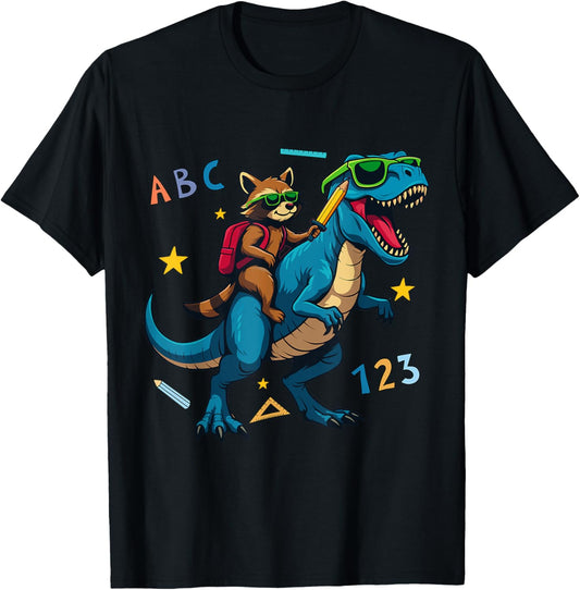 Funny Raccoon Riding a T-Rex Dinosaur First Day Kindergarten T-Shirt