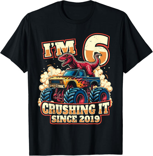 6 Year Old Boys 6th Birthday Dinosaur Monster Truck Party T-Shirt