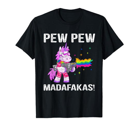 Unicorn Pew Pew Madafakas Vintage Crazy Cat Funny Graphic T-Shirt for Men Women
