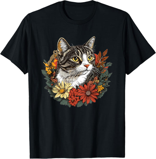 Tabby Cat Surrounded By Colorful Flowers T-Shirt