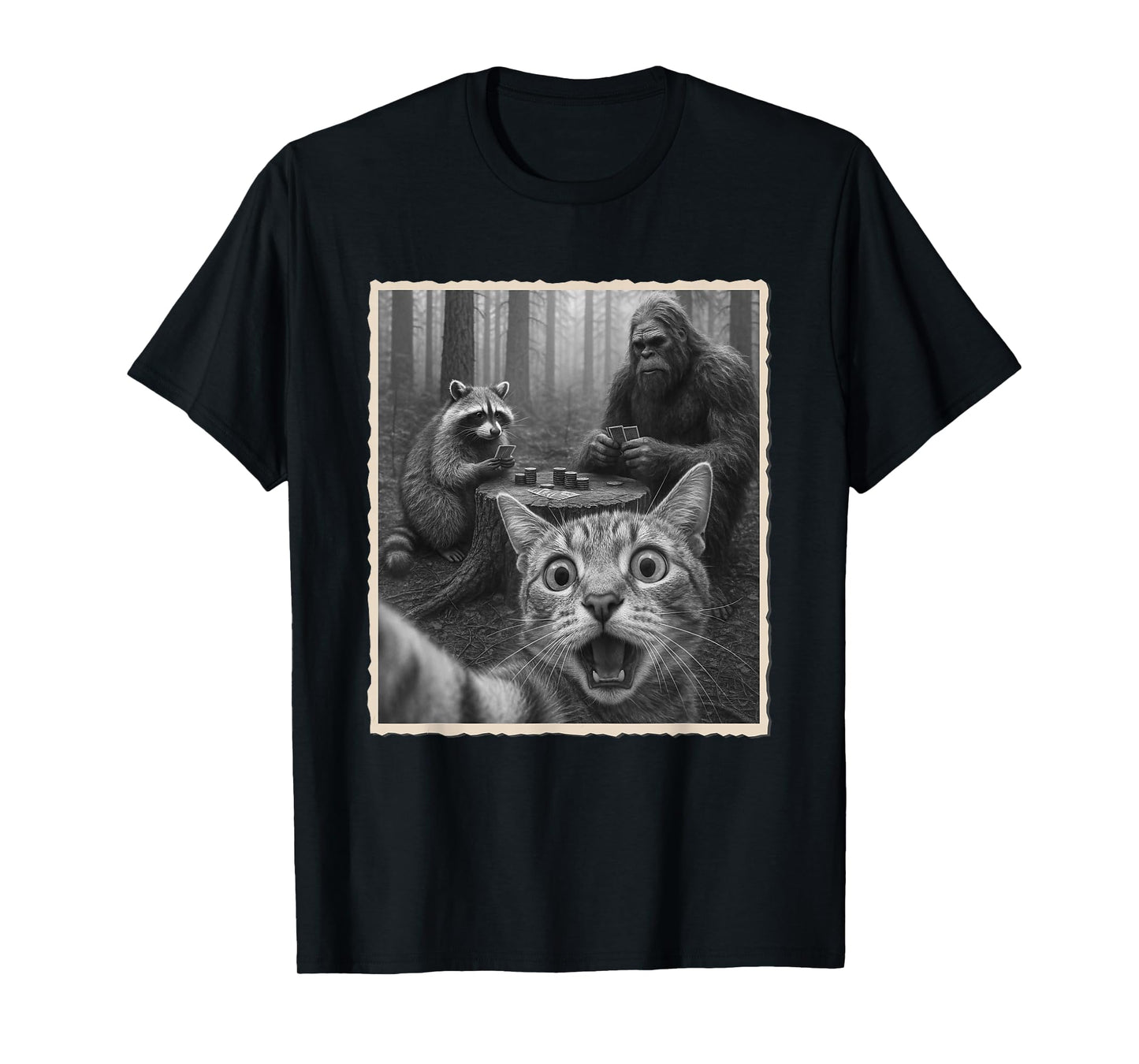 Cat Selfie With Raccoon & Bigfoot | Funny Scared Cat T-Shirt