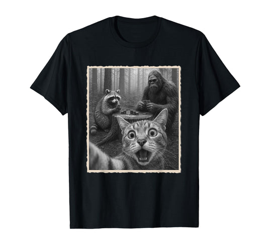 Cat Selfie With Raccoon & Bigfoot | Funny Scared Cat T-Shirt