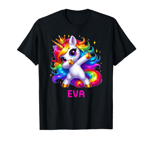 EVA Personalized Name Dabbing Unicorn Birthday Queen T-Shirt