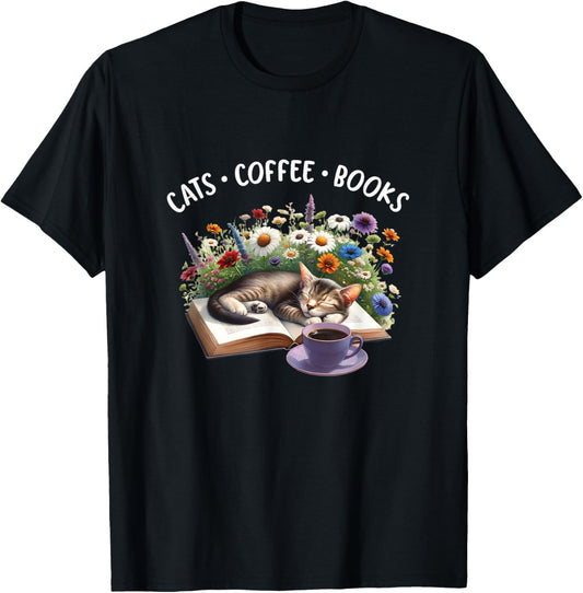 Funny Cats Coffee Books Design T-Shirt