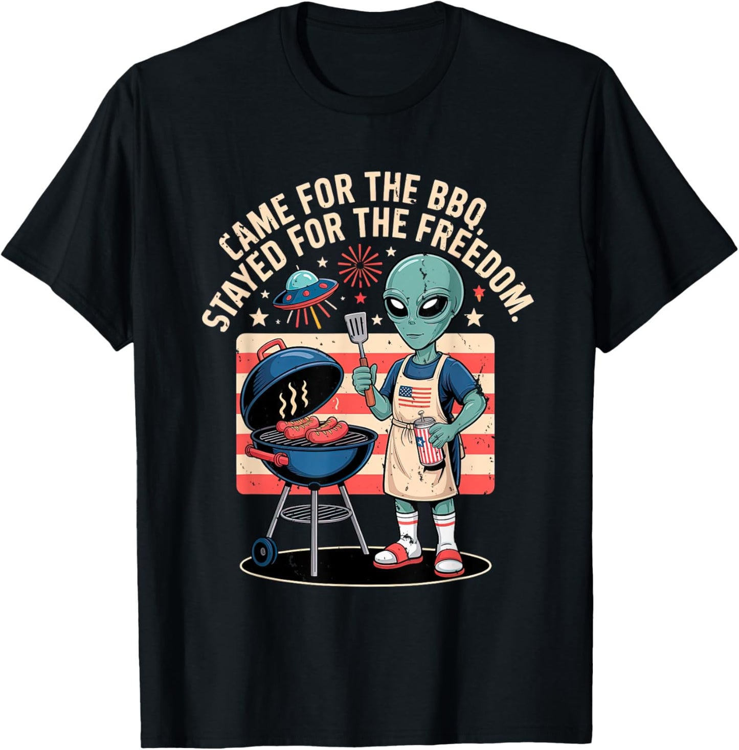Grilling Alien BBQ Cartoon for Funny 4th of July Freedom T-Shirt