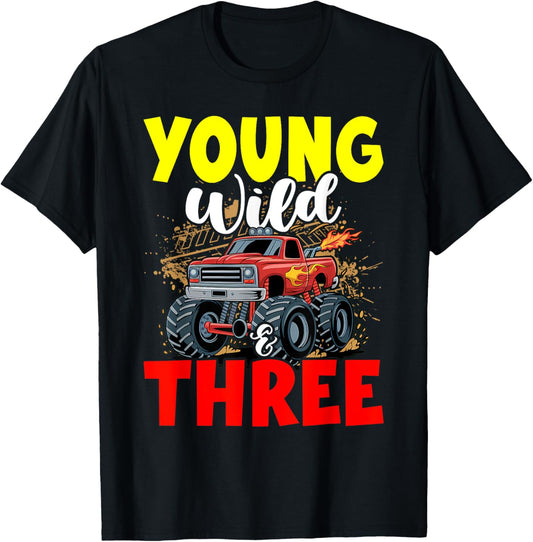 Kids Young Wild Three 3rd Birthday Boy Monster Truck 3 Years T-Shirt