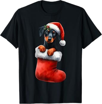 Doberman Pinscher In Sock Christmas Santa Hat Xmas Dog Lover T-Shirt