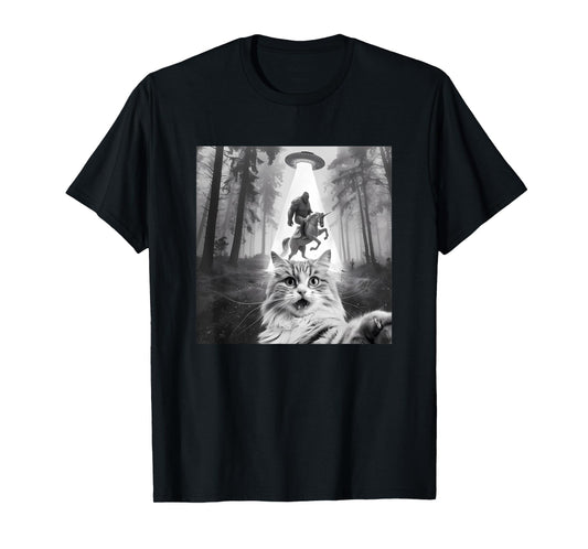 Funny UFO Cat Selfie with Bigfoot Forest Unicorn Sasquatch T-Shirt
