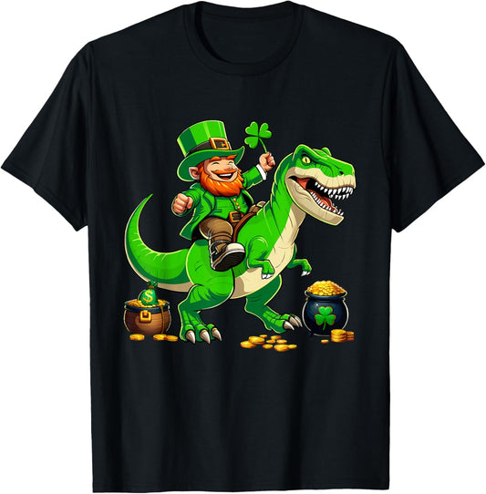 St Patricks Day leprechaun Riding T-Rex Dinosaur Boys Kids T-Shirt