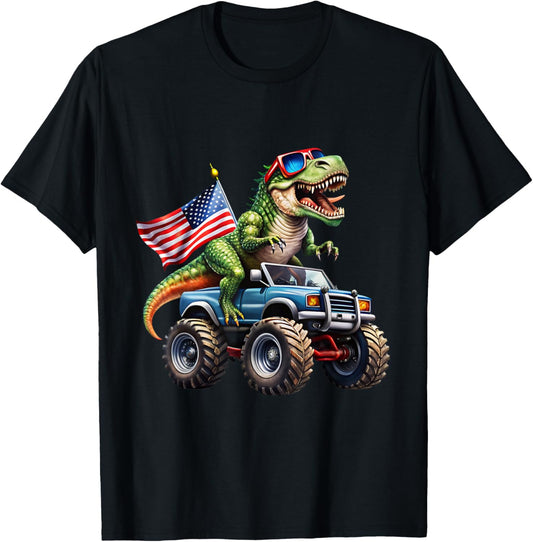 Patriotic T-Rex Monster Truck 4th of July Dinosaur USA Flag T-Shirt