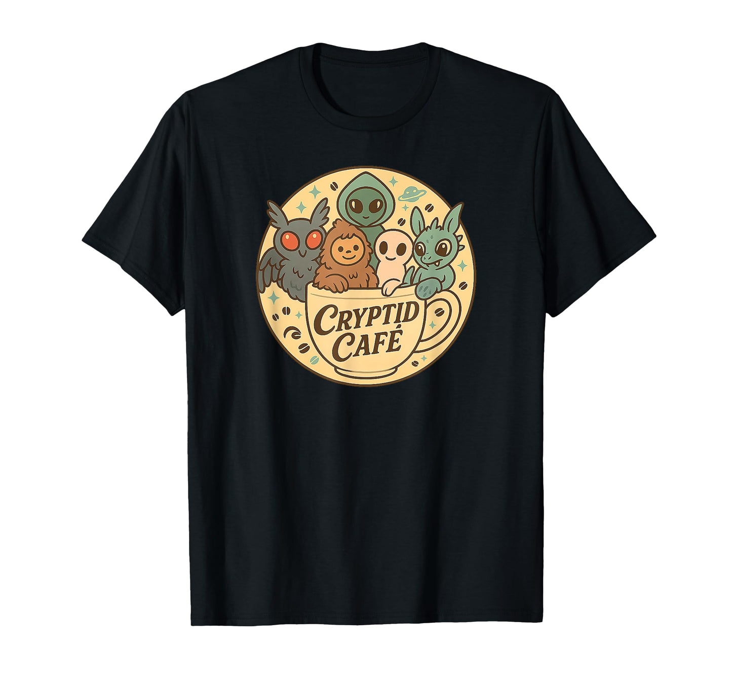 Sweet Mothman Cute Bigfoot Aliens Cryptid Cafe Cryptozoology T-Shirt